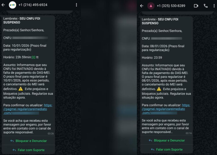 CNPJ suspenso? MEIs são alvo de golpe por mensagens no WhatsApp - Foto: Reprodução