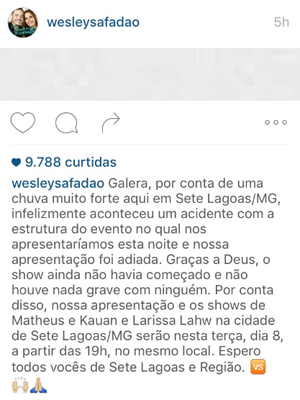 Show de Wesley Safadão em Sete Lagoas é cancelado - Foto: Reprodução/Instagram