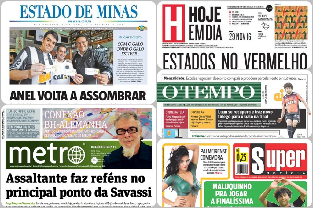 Capas dos principais jornais de Belo Horizonte nesta terça-feira, 29 de novembro Jornais 29 11