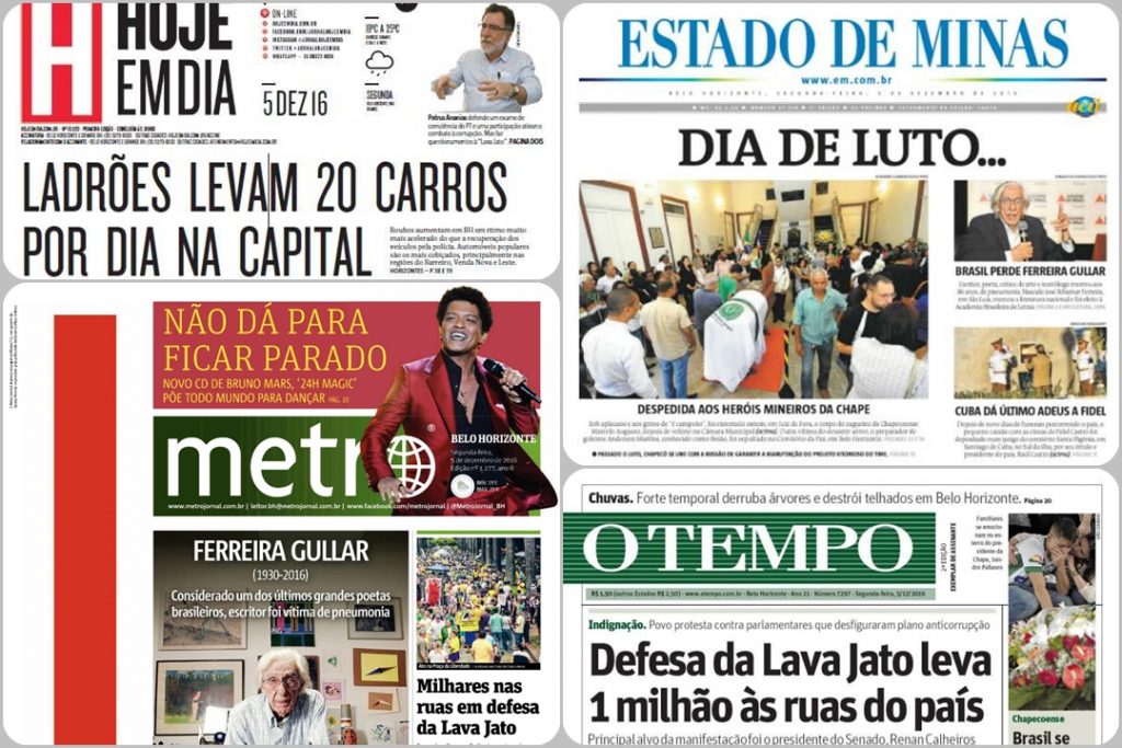 Capas dos principais jornais de Belo Horizonte nesta segunda-feira, 5 de dezembro Jornais 05 12
