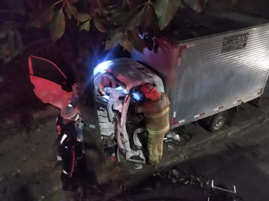 Motorista fica preso às ferragens após caminhão bate em árvore na Av. Antônio Carlos, em BH - Foto: Divulgação/CBMMG