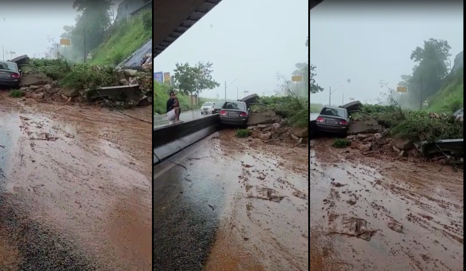 Queda de barranco atinge carro na Via Expressa em Contagem - Foto: Reprodução
