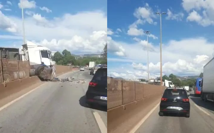 Carreta bate em mureta e fica em 'L' no Anel Rodoviário, no bairro Madre Gertrudes, em BH - Foto: Reprodução/Redes Sociais