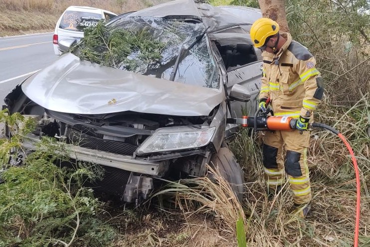 Motorista morre após carro bater em árvore na BR-251, em Salinas - Foto: Divulgação/Corpo de Bombeiros