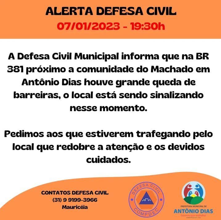 Defesa Civil emite alerta para queda de barreiras na BR-381, em Antônio Dias - Foto: Divulgação/Prefeitura de Antônio Dias