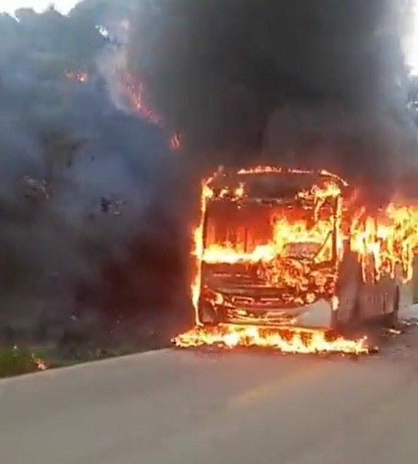 Ônibus pega fogo e fica destruído na MG-435, em Caeté - Foto: Reprodução/Redes Sociais