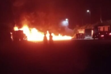 Caminhão com ração pega fogo e interdita trecho da BR-040, em Congonhas - Foto: Reprodução/Redes Sociais