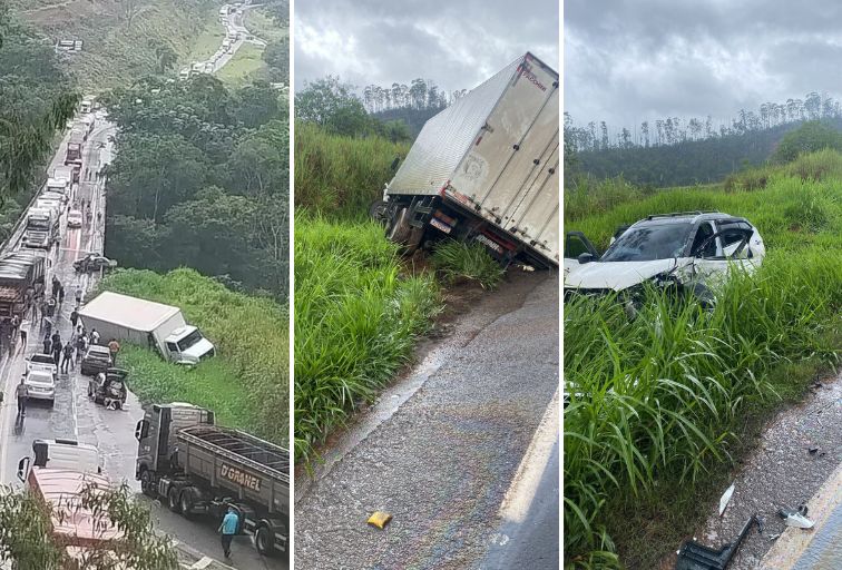 Acidente entre caminhão e carros deixa vítimas e fecha BR-381, em João Monlevade - Foto: Reprodução/Redes Sociais