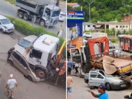 Caminhão desgovernado bate em carros no bairro Veneza, em Ribeirão das Neves - Foto: Reprodução/Redes Sociais