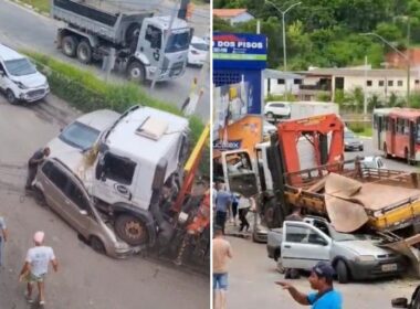 Caminhão desgovernado bate em carros no bairro Veneza, em Ribeirão das Neves - Foto: Reprodução/Redes Sociais