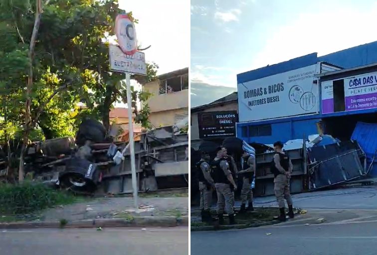 Carreta tomba, fere motorista e atinge portão no bairro Califórnia, em BH - Foto: Reprodução/Redes Sociais