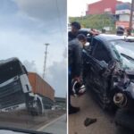 Carreta para em cima de mureta após acidente na Rodovia Fernão Dias, em Betim - Foto: Reprodução/Redes Sociais