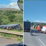 Ônibus tomba e deixa feridas na Rodovia Fernão Dias, em Pouso Alegre - Foto: Reprodução/Redes Sociais