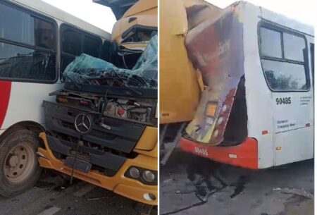 Acidente entre ônibus e caminhão deixa vítimas na BR-040, em Esmeraldas - Foto: Reprodução/Redes Sociais