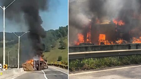 Carreta tomba, pego fogo e deixa motorista ferido na Fernão Dias - Foto: Reprodução/Redes Sociais