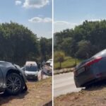 Carro capota após acidente e bloqueia trecho da MGC-356, em BH - Foto: Reprodução/Redes Sociais