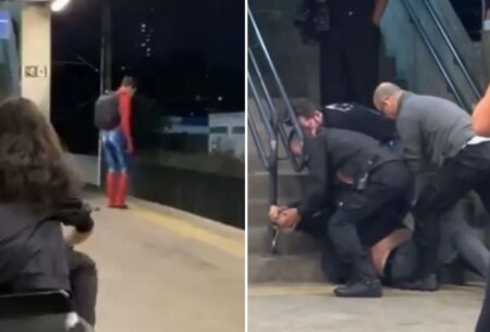 Homem-Aranha é agredido e empurra agressor nos trilhos do metrô em BH - Foto: Reprodução/Twitter/@carousca