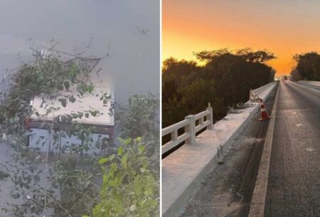 Motorista fica ferido após caminhão cair de ponte na BR-040, em Paracatu - Foto: Divulgação/PRF