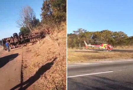 Caminhão tomba e motorista fica preso às ferragens na BR-262, em Juatuba - Foto: Reprodução/Redes Sociais