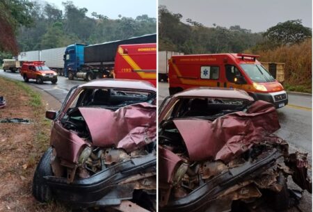 Acidente frontal deixa motorista de carro preso às ferragens na BR-381 - Foto: Divulgação/CBMMG