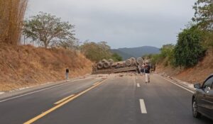 Caminhão com cimento tomba e fecha a BR-262, em São Domingos do Prata - Foto: Reprodução/Redes Sociais