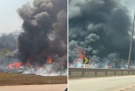 Incêndio de grandes proporções atinge pátio da PRF na BR-381, em Betim - Foto: Reprodução/Redes Sociais