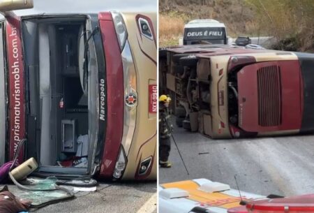 Ônibus com 60 ocupantes tomba e deixa feridos na BR-418, em Carlos Chagas - Foto: Divulgação/CBMMG