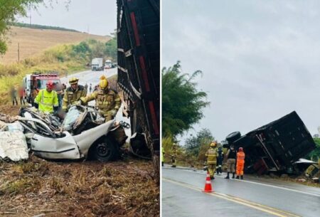 Carreta cai sobre carro e motorista morre esmagado na MGC-491, em Elói Mendes - Foto: Divulgação/CBMMG