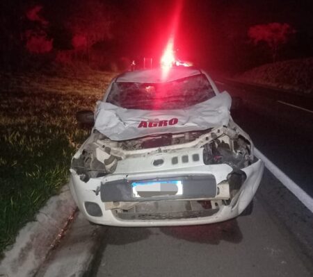 Carro fica destruído após atropelar boi na MG-050, em Formiga - Foto: Divulgação/CBMMG