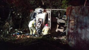 Caminhão tomba e deixa ferido na BR-365, no Norte de Minas - Foto: Divulgação/Corpo de Bombeiros