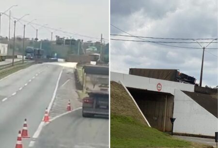 Carreta com produto perigoso tomba e bloqueia Rodivia Fernão Dias, em Cambuí - Foto: Reprodução/Redes Sociais