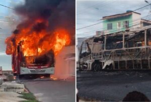 Ônibus pega fogo após pane elétrica em Esmeraldas - Foto: Reprodução/Redes Sociais