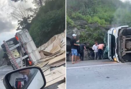 Caminhão com madeira tomba e fecha parcialmente Fernão Dias, em Itaguara - Foto: Reprodução/Redes Sociais