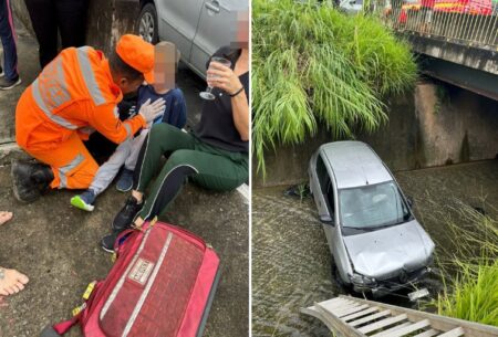 Carro cai em córrego após acidente e deixa dois feridos no bairro Castelo, em BH - Foto: Divulgação/CBMMG