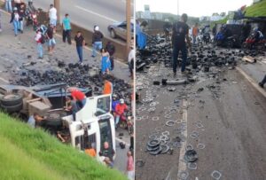 Caminhão tomba, espalha sucata e fecha Rodovia Fernão Dias, em Betim - Foto: Reprodução/Redes Sociais