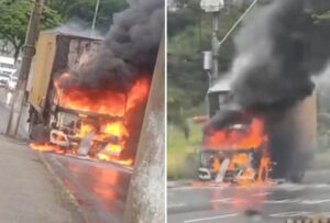 Caminhão pega fogo e complica trânsito na Avenida Carlos Luz, em BH - Foto: Reprodução/Redes Sociais