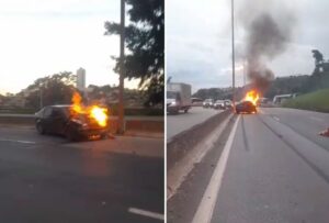 Carro pega fogo e fecha Anel Rodoviário, em BH - Foto: Reprodução/Redes Sociais