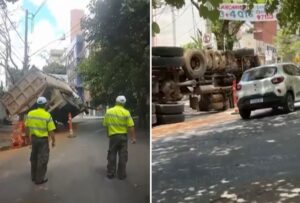 Caminhão atinge poste e tomba em rua do bairro Santo Antônio, em BH - Foto: Reprodução/Redes Sociais