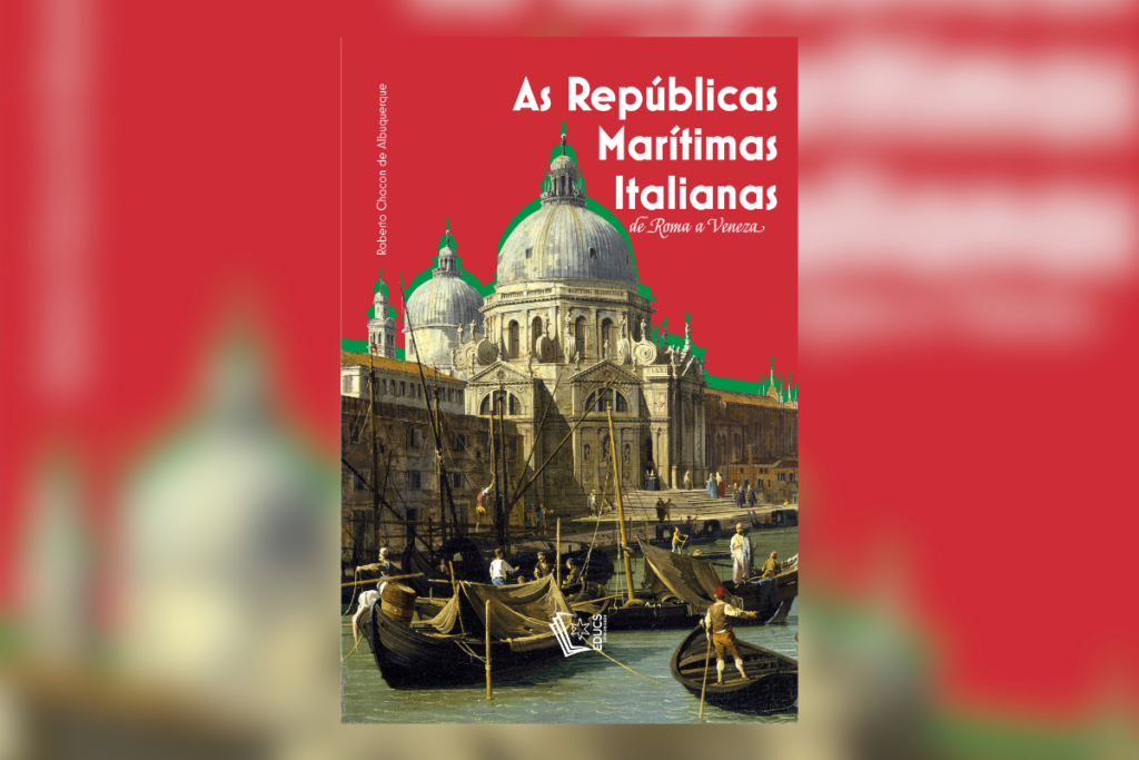 capa do livro "As repúblicas marítimas italianas: de Roma a Veneza" com prédios italianos e barcos em água