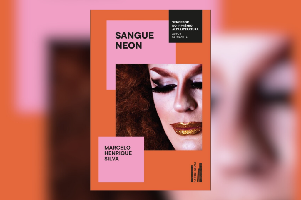 Capa do livro "sangue neon" com rosto de pessoa maquiada