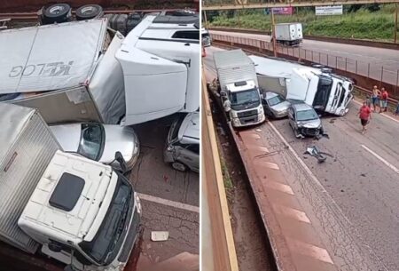 Acidente entre carretas e carros bloqueia totalmente Fernão Dias, na Grande BH - Foto: Reprodução/Redes Sociais