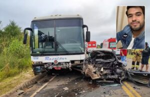 Acidente entre ônibus e carro deixa um homem morto e três feridos em rodovia de MG - Foto: Polícia Militar Rodoviária e redes sociais