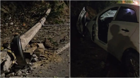 Motorista cochila ao volante, bate em poste e destrói carro no Anel Rodoviário, em BH - Foto: Reprodução