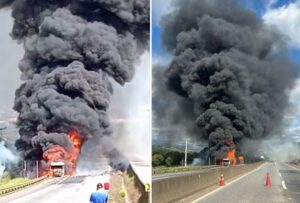 Carreta pega fogo e interdita completamente Rodovia Fernão Dias, em Cambuí - Foto: Reprodução/Redes Sociais