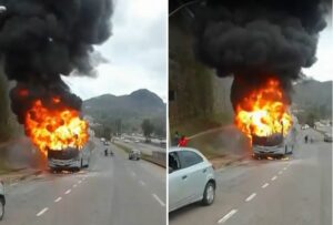 Ônibus pego fogo na MGC-356, em BH - Foto: Reprodução/Redes Sociais