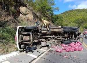 Caminhão com batata-doce tomba na BR-365 em Montes Claros - Foto: Divulgação/Corpo de Bombeiros