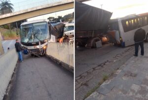 Ônibus é atingido por carreta e vai parar em passarela na Rodovia Fernão Dias - Foto: Reprodução/Redes Sociais