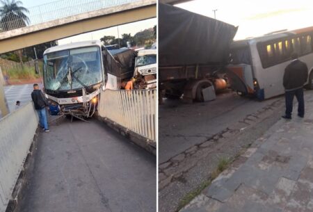 Ônibus é atingido por carreta e vai parar em passarela na Rodovia Fernão Dias - Foto: Reprodução/Redes Sociais