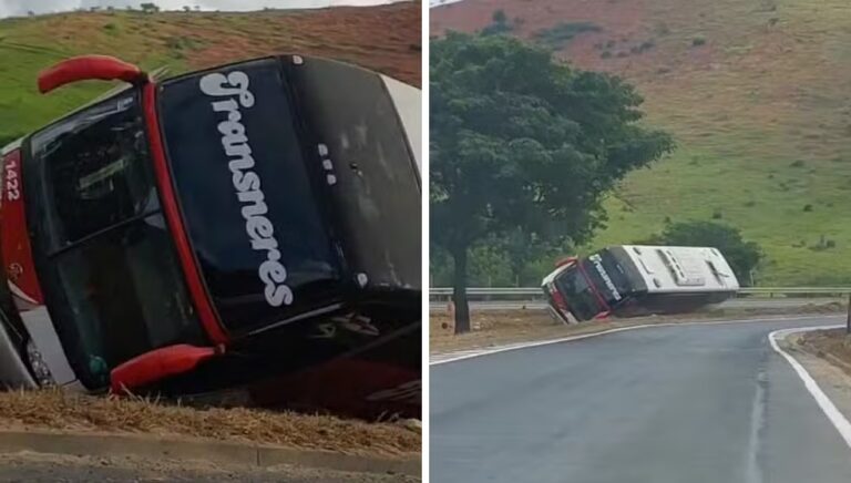 Ônibus com 35 passageiros tomba na BR-381 em Governador Valadares - Foto: Reprodução/Redes sociais