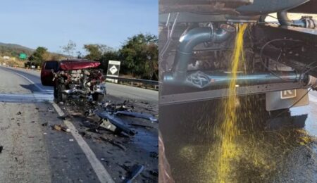 Acidente entre caminhão-tanque e caminhonete interdita BR-262, na Grande BH - Foto: Divulgação/CBMMG